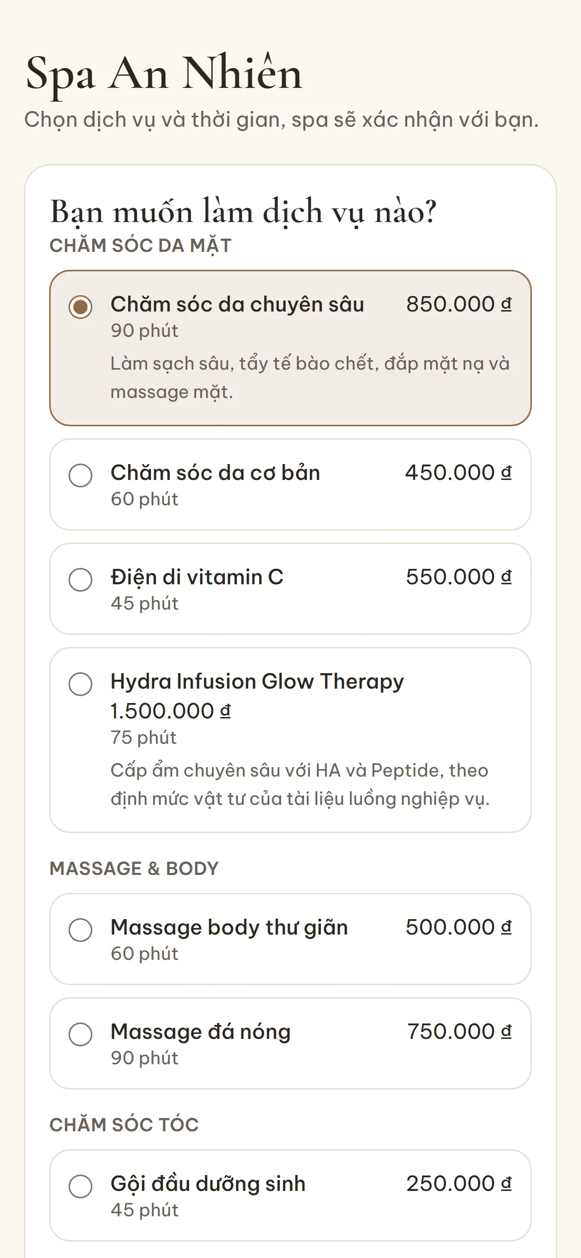 Trang đặt lịch của spa trên điện thoại, đã chọn một dịch vụ