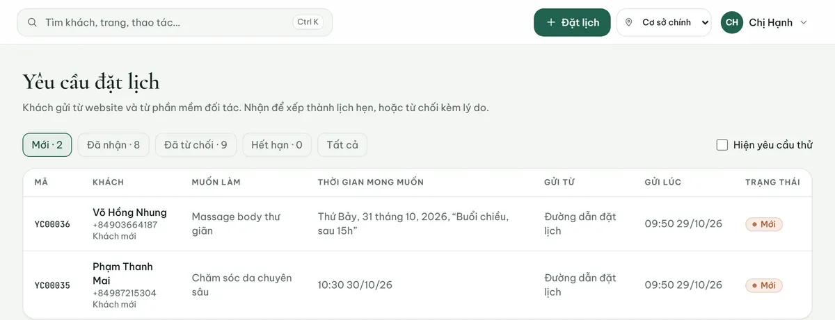 Danh sách yêu cầu đặt lịch của khách trên Celadon CRM