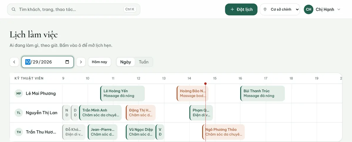 Lịch làm việc trong ngày của một spa trên Celadon CRM