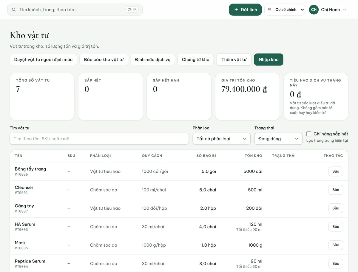 Tồn kho vật tư theo lô trên Celadon CRM