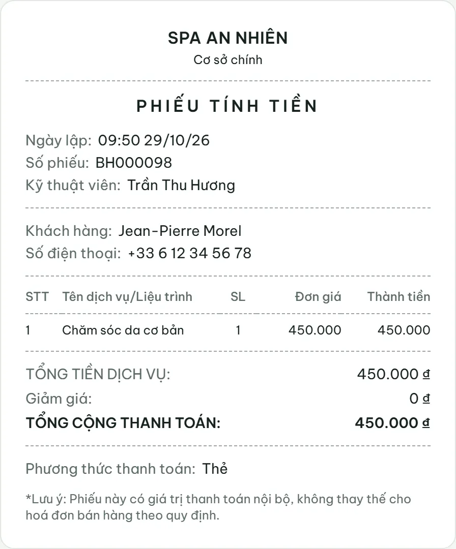 Phiếu tính tiền in ra từ Celadon CRM