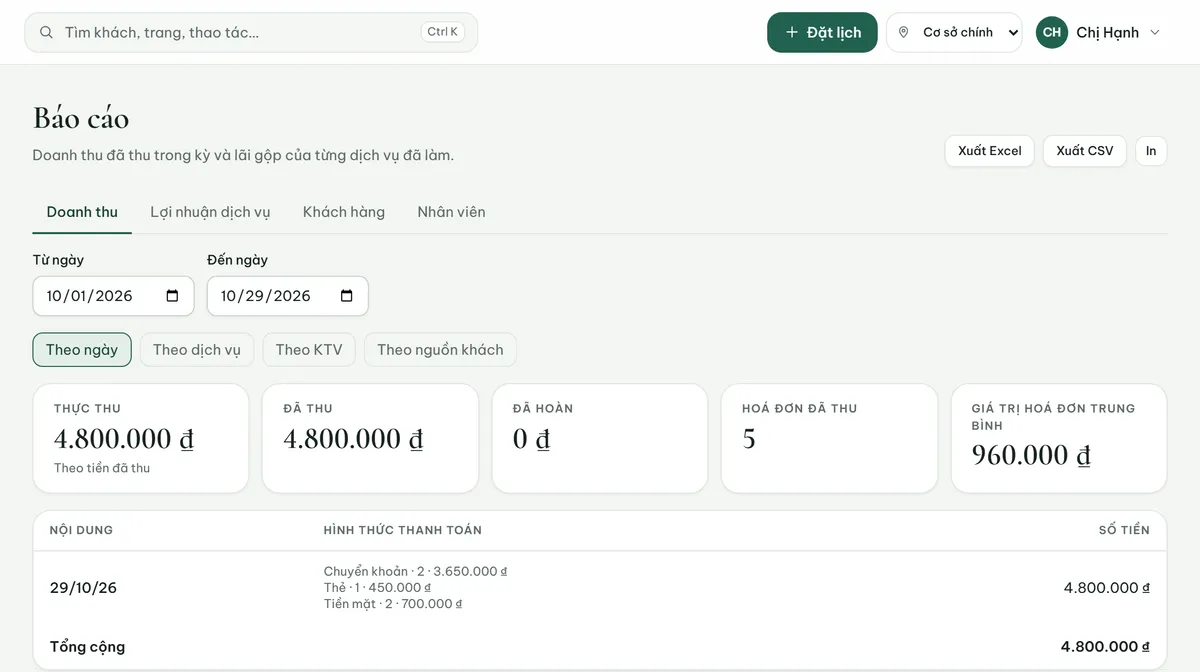 Báo cáo doanh thu theo từng ngày trên Celadon CRM