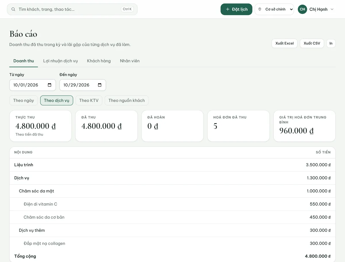Báo cáo doanh thu theo dịch vụ trên Celadon CRM